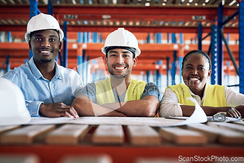 Image of Business people, architect and portrait with blueprint for construction, planning or documents on site. Happy group of contractors smiling in teamwork for industrial architecture or building strategy