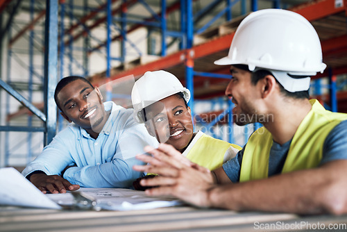 Image of Business people, architect team and blueprint in meeting for construction, planning or brainstorming on site. Happy contractor in teamwork, project plan or collaboration for industrial architecture