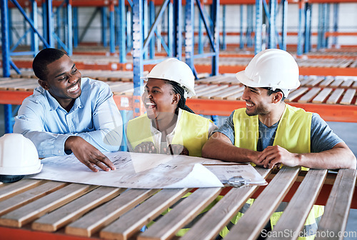 Image of Business people, architect and blueprint laughing in construction, planning or funny team building on site. Happy contractor in teamwork, laugh or project plan in fun industrial architecture together