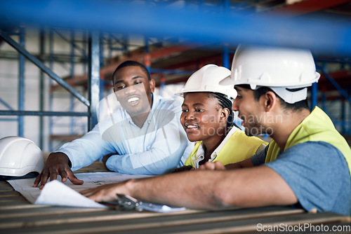 Image of Engineer people, architect and blueprint in planning for construction, team strategy or brainstorming on site. Happy contractor in teamwork, project plan or collaboration for industrial architecture