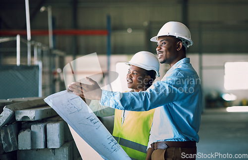 Image of Black people, architect and blueprint for project management in construction, planning or teamwork on site. African man and woman contractor with floor plan and documents for industrial architecture