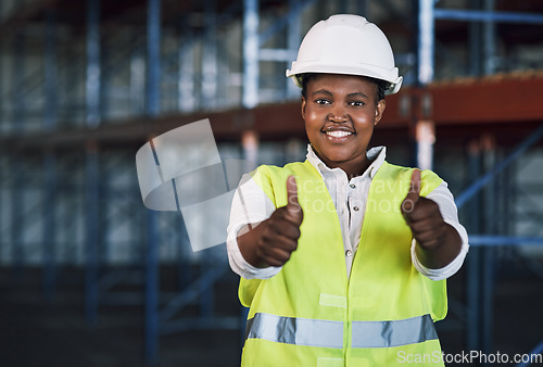 Image of Black woman, architect and portrait with thumbs up in construction for success, good job or winning on site. Happy African female person engineer showing thumb emoji, yes sign or like in architecture