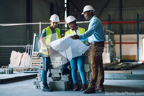 Image of Engineer people, blueprint and meeting in teamwork construction, planning or strategy on site. Architect group in team discussion for building, floor plan or documents for industrial architecture