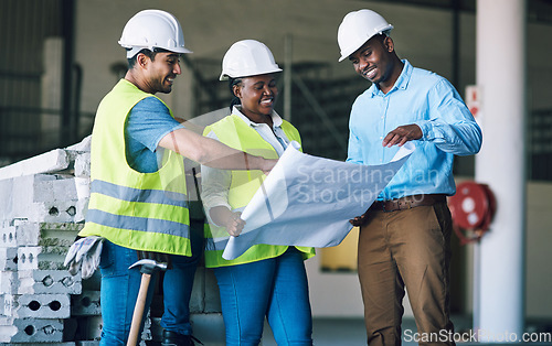 Image of Engineer people, blueprint and documents in team construction, planning or strategy on site. Architect group in teamwork discussion, collaboration or building floor plan for industrial architecture