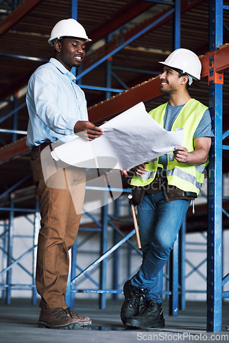 Image of Happy engineer people, blueprint and meeting for construction, planning or team strategy on site. Architect men in teamwork discussion on project, documents or floor plan for industrial architecture