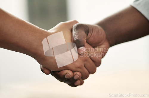 Image of Closeup, businesspeople with handshake, cooperation and collaboration with partnership, agreement or teamwork. Zoom, coworkers or staff shaking hands, career and promotion with opportunity and goal