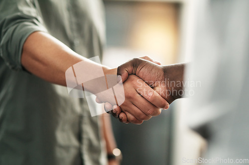 Image of Closeup, business and men with handshake, collaboration and partnership with agreement, deal or teamwork. Zoom, coworkers or staff shaking hands, promotion or opportunity with goal, contract or trust