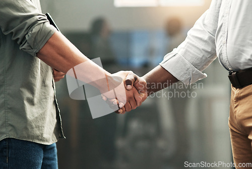 Image of Closeup, cooperation and men with handshake, teamwork and collaboration with promotion, deal and growth. Zoom, professional and staff shaking hands, goals and partnership at consultation and welcome