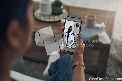 Image of Phone, telehealth and consulting with a doctor and a patient in the home for healthcare or medical insurance. Video call, contact and remote with a person talking to a medicine professional online