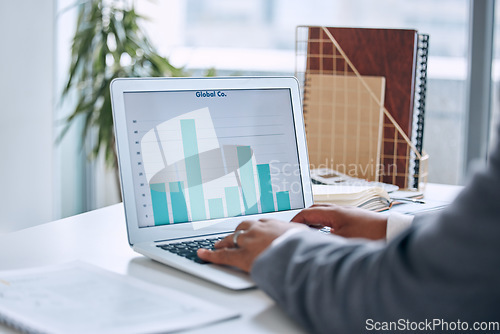 Image of Hands typing, laptop and chart in office for finance, economy or stock market analysis with software. Man, computer and graph for big data analytics, accounting and cloud computing with dashboard ux