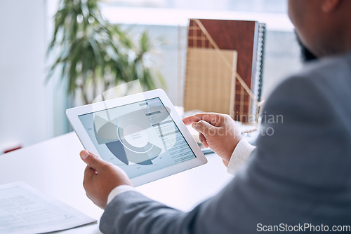 Image of Hands typing, tablet and charts in office for customer expansion, sales analysis and statistics. Man, touchscreen and graph for big data analytics, client base or cloud computing with dashboard ux