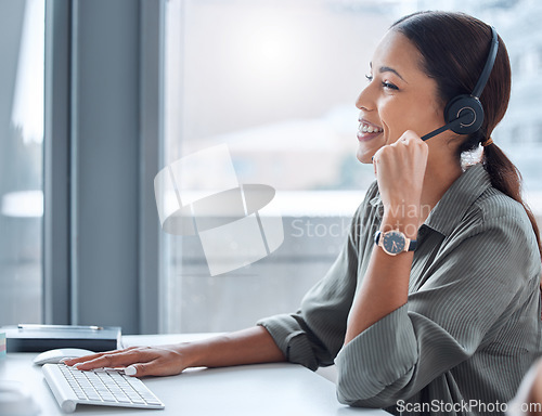 Image of Customer service, telemarketing and female call center agent working on online consultation. Communication, technology and professional saleswoman planning crm with headset and computer in the office