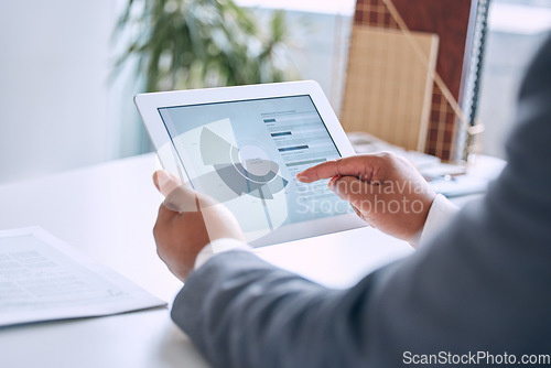 Image of Hands typing, tablet and chart in office for social media marketing, stats or analysis on software. Man, touchscreen and graph for big data analytics, research or cloud computing with dashboard ux