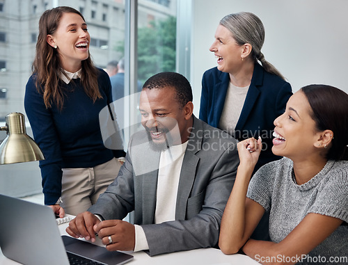 Image of Computer, excited and business people with celebration, success and laughing for internet meme or company growth. Planning, working and corporate group or team of women and men on laptop in office