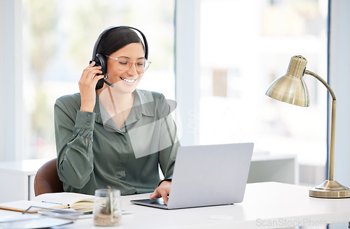 Image of Call center, laptop and business woman, telecom consultant or advisor talking online in customer support, advice or helping. Virtual assistant, agent or happy person, communication, chat and computer