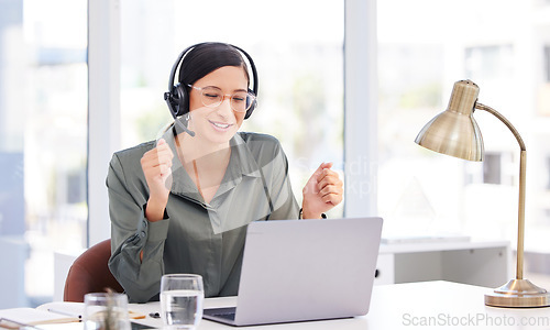 Image of Call center, computer and woman winning, success and celebration for target, sales and telecom results or news. Happy web agent, telemarketing worker or person reading laptop with yes, goal and fist