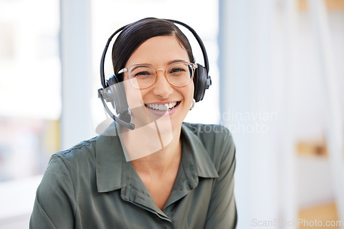 Image of Happy woman, portrait and call center for virtual communication, business support or e learning services. Face of agent, education advisor or agency person for consulting, chat and advice in office