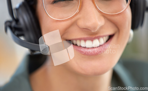 Image of Call center, mouth and happy woman, consultant or advisor talking, virtual communication or technical support. Insurance agent, headphones or mic of person speaking or helping in customer service job