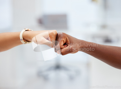 Image of Closeup of people, hands and fist bump for success, winning teamwork and agreement for power. Friends, hand and emoji for collaboration, partnership and celebrate solidarity, support and cooperation