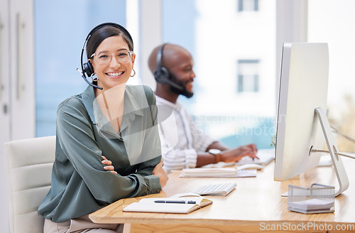 Image of Portrait, call center and happy woman, consultant or advisor for consulting, online advice and support in workspace. Virtual communication, coworking and business agent or people on desktop computer