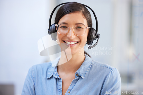 Image of Call center, portrait and happy woman for business communication, virtual support or telemarketing job. Face of agent, advisor or agency person in online consulting, tech advice or helping in office