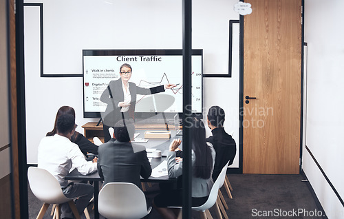 Image of Business woman, coaching and presentation on screen for marketing strategy, meeting or team planning at office. Female person, CEO or coach training staff on technology display, graph or chart data