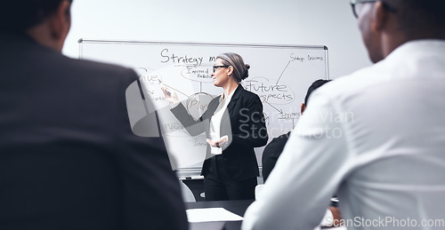 Image of Business woman, coaching and presentation on whiteboard in meeting for strategy or planning at office. Female person, CEO or coach training staff in project plan or team brainstorming at workplace