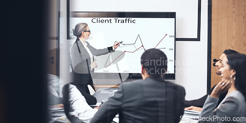 Image of Business woman, screen and team presentation for marketing strategy, meeting or coaching at office. Female person, CEO or coach training staff on technology display, graph or chart data at workplace