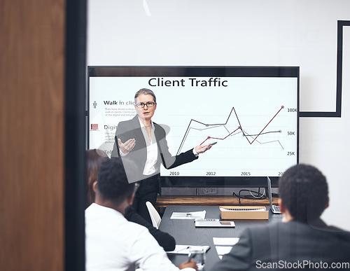 Image of Business woman, marketing and presentation on screen in strategy meeting or coaching team at office. Female person, CEO or coach training staff on technology display, graph or chart data at workplace