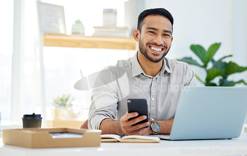 Image of Happy, phone and man in office typing email communication, social networking or search for business on app. Asian businessman, cellphone or computer for mobile connection, internet or network contact