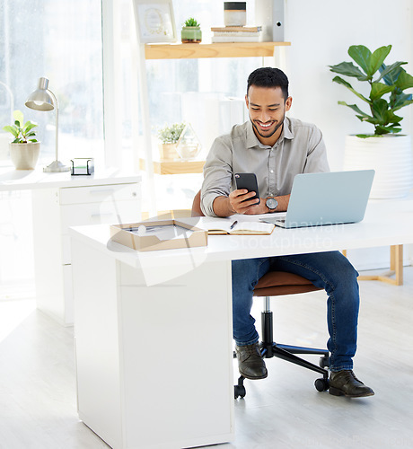 Image of Phone, happy and Asian man in office typing email communication, networking or auditor search for business on app. Businessman, cellphone and accountant with mobile, internet or network contact