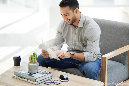 Image of Business man, tablet and digital work of a web analyst check online research, website and smile. Office chair, technology and happy male employee with ux connection, reading app or internet in agency