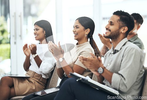 Image of Support, businesspeople clapping audience and at meeting in a office at work. Group, achievement and happy team with applause for success or celebration in a conference in a boardroom at workplace