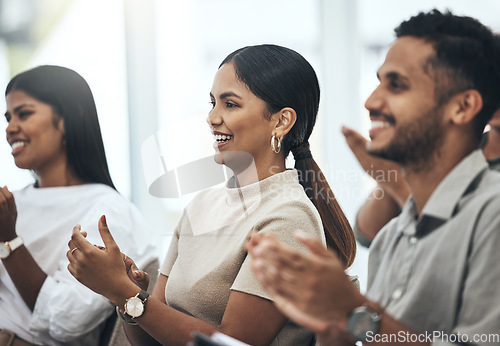 Image of Success, conference and audience applause in a boardroom of their workplace.Team diversity, support or good news and colleagues group clap for achievement or celebration of meeting results in office