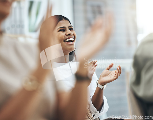 Image of Business people, group and applause in meeting, achievement or teamwork with growth, opportunity or promotion. Hands, woman or staff clapping, celebration or startup success with development or goals