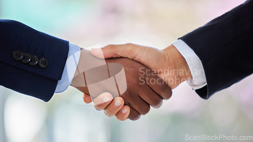 Image of Handshake, partnership and contract with closeup of business people for welcome, thank you and deal. Teamwork, hiring and meeting with employees shaking hands for interview, networking and promotion