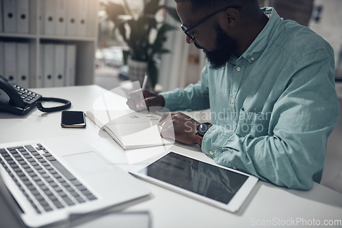 Image of Notebook, writing and business man with digital technology, laptop and project management ideas, schedule or goals. Timeline, list and startup worker or person notes, journal and planner on computer