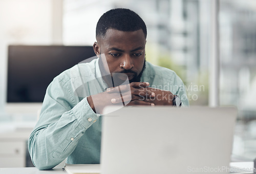 Image of Thinking, focus and man on laptop in office for solution, research and serious job decision or planning. Reading, review and choice of african person or business analyst on computer problem solving