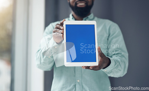 Image of Tablet, green screen and business man hands for social media advertising, space and website design. Startup, application and person with digital technology mockup for career marketing on internet