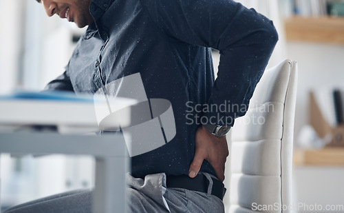 Image of Tired, back pain and stress with business man in office for problem, frustrated and muscle fatigue. Burnout, tension and body with closeup of male employee for spine injury, accident and emergency