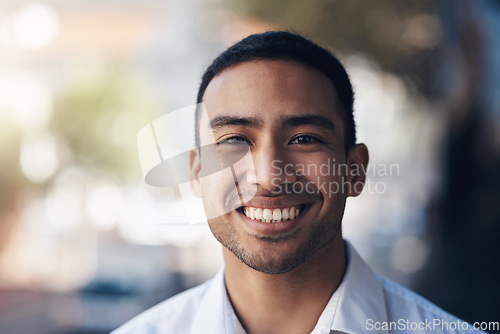 Image of Happy, portrait of a businessman and smile in a mockup space in Mexico. Happiness or enjoyment, confident or proud man and cheerful or excited male person in urban street smiling for good news