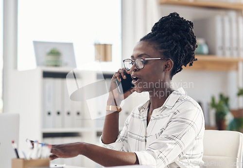 Image of Talking, phone call and business woman with communication, planning and management advice in office. Speaking, problem solving and feedback of african person or employee on mobile app for discussion