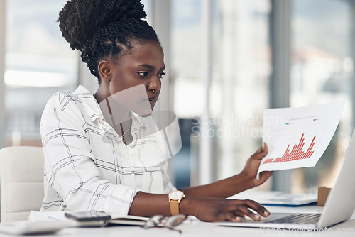 Image of Laptop, documents and woman with data analysis, seo research or website statistics review, focus and planning. Financial analytics and paperwork of african person on computer, web charts and graphs