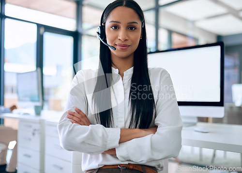 Image of Business woman, crm portrait and arms crossed with company vision, telemarketing and motivation. Success, female employee and young consultant in a contact us office with job pride and confidence