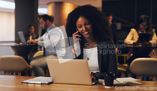 Image of Happy phone call, laptop or business woman speaking, talking and negotiation with investment contact. Coworking lounge, female advisor and african agent consulting about account information on mobile