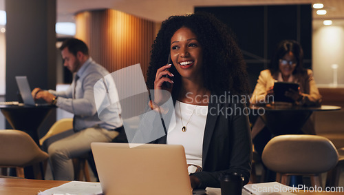 Image of Business phone call, smile or networking woman speaking, talking or negotiation offer with online investment contact. Coworking lounge, laptop and happy person, seller or mobile user in consultation