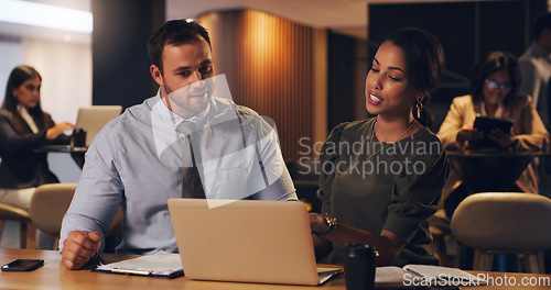 Image of Laptop, corporate lounge and business people teamwork on stock exchange report, insight or trading statistics. Overtime work, partnership and night team doing web research of online investment market