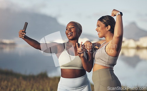 Image of Fitness, woman taking selfie and workout in nature with plus size. Motivation or success, exercise or training and happy or cheerful female people winning photo with a cellphone outdoors together