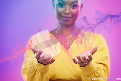 Image of Hands, black woman magic wave or spell and with particle effects in background. Technology or color motions, African female with open arms for it and in studio backdrop for big data or science