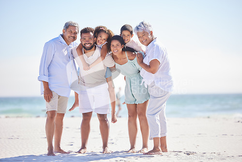 Image of Big family, grandparents portrait or happy kids on beach to relax with siblings on fun holiday together. Dad, mom or children love bonding, smiling or relaxing with senior grandmother or grandfather